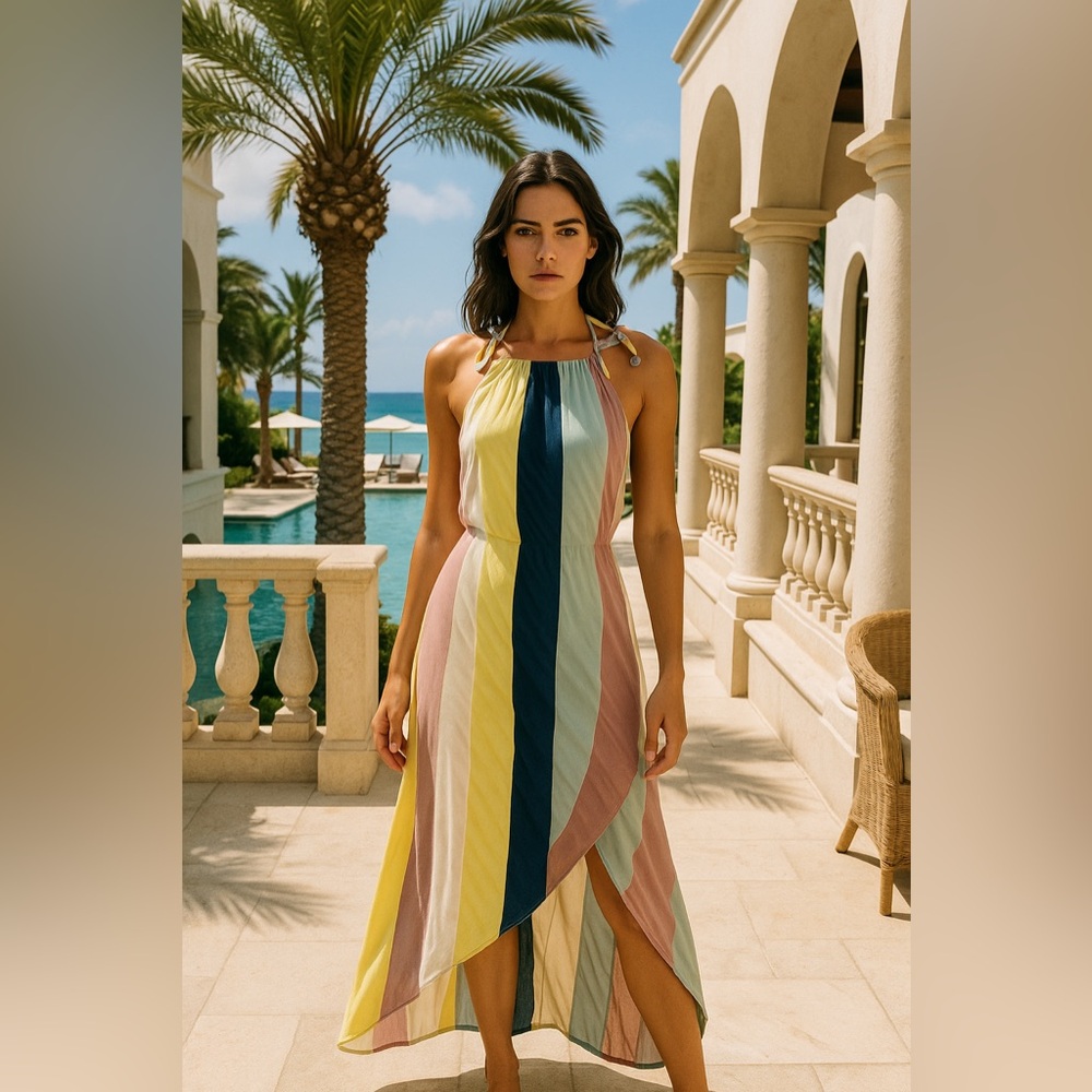 Indah Multi-Stripe Halter Maxi Dress in Yellow, Blue, Pink, Mint